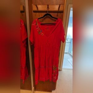 Johnny Was Red Dress Flowers Embroidered XXL